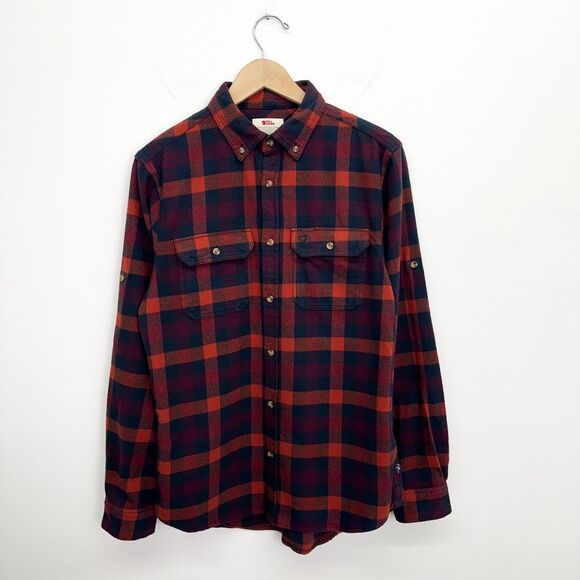 Fjallraven Men’s Skog Slim Fit Red Navy Flannel Plaid Button Up Shirt - Picture 2 of 14